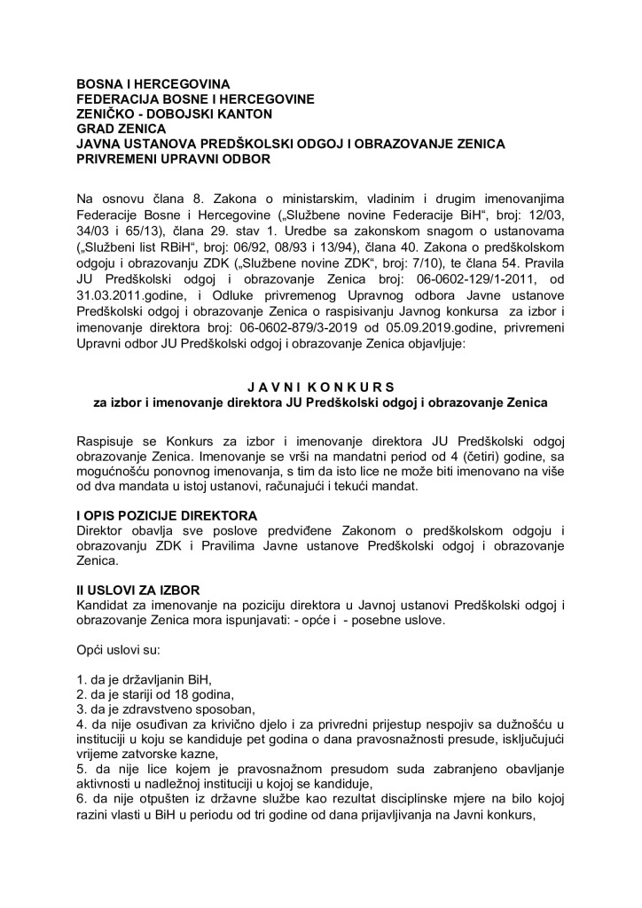Konkurs za izbor i imenovanje direktora JU Predškolski odgoj i obrazovanje Zenica_000